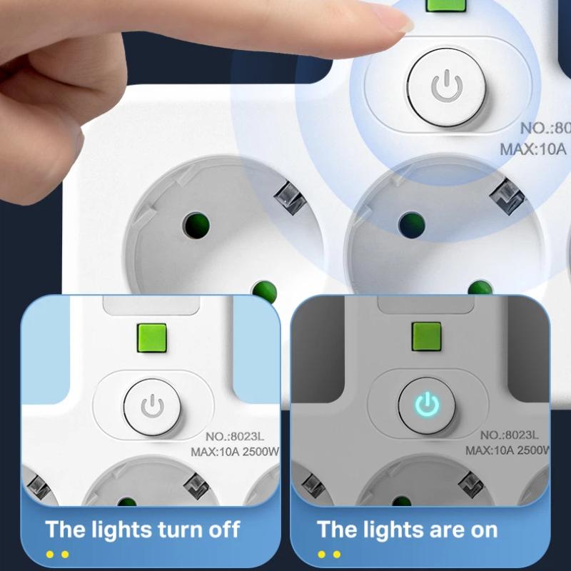 EU Power Strip - AC Sockets, USB & Type-C, 2 Versions Available, Individual Switches + Small Night Light