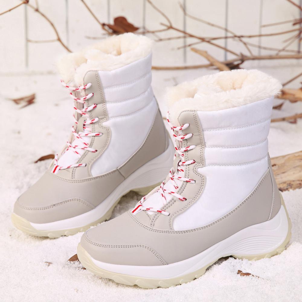 Women's Winter Warm Fur Snow Boots Plus Size Solid Color Laceup