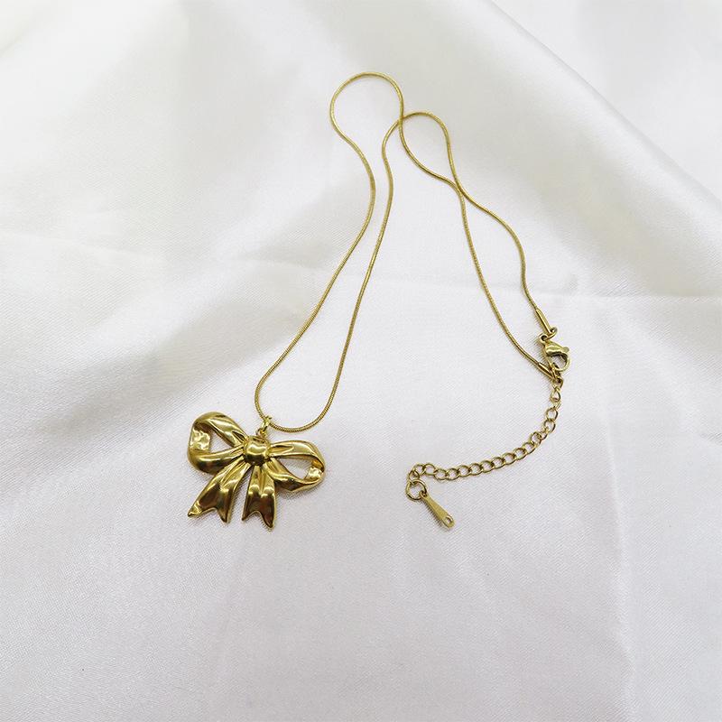 18k Gold Stainless Steel Bow Pendant Necklace with Earrings & Adjustable Ring Set