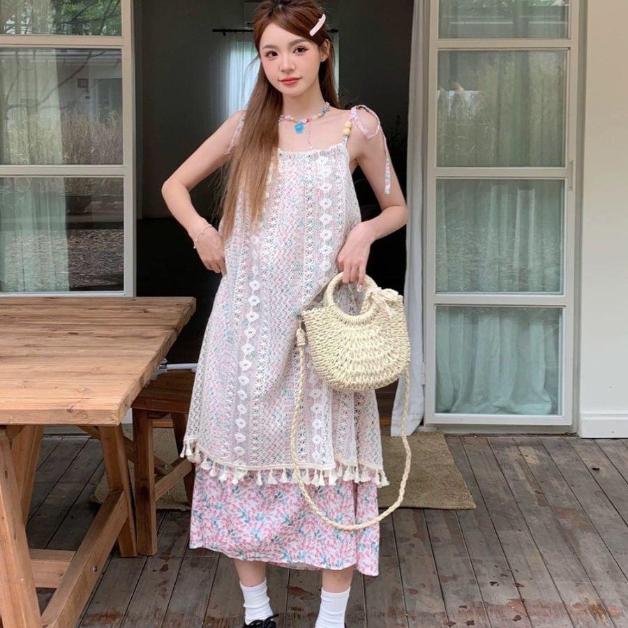 French Retro Fringed Splicing Sweet Dress Children's Summer New Thin Temperament Suspender Sleeveless Medium and Long Dress