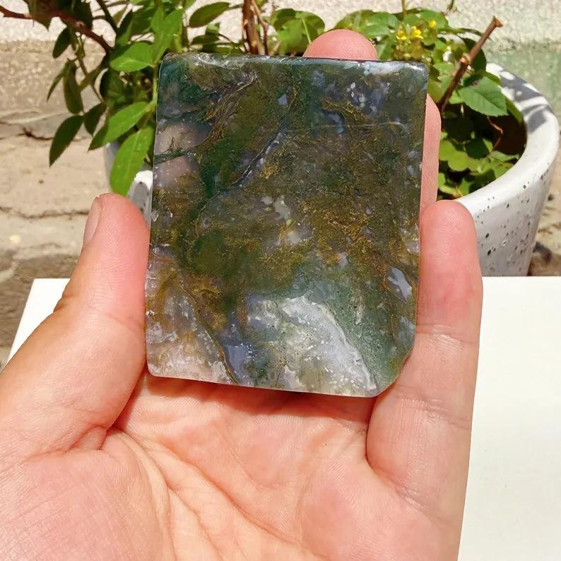 Natural Moss Agate Square Slab Polished Moss Agate Ornament for Home Desktop Decor One Size