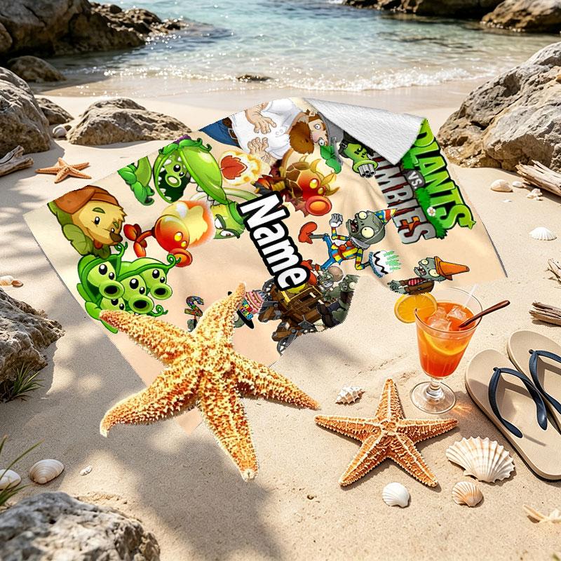 Custom Name Personalized Plants vs. Zombies Print Beach Towel, for Trip Camping Beach Party Home Decor, Birthday Gift for Family & Friends