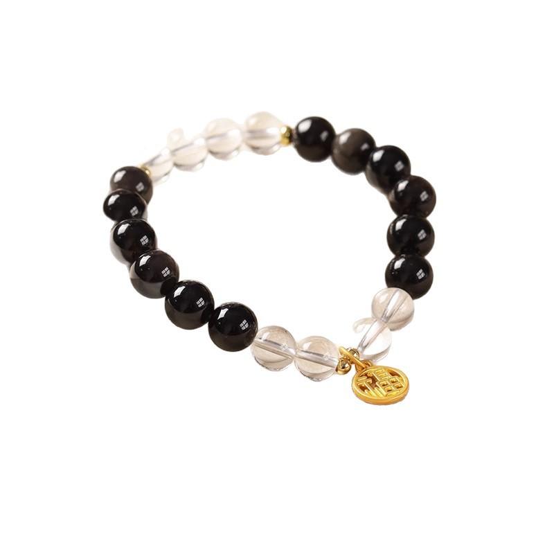Natural Silver Obsidian Bracelet for Women, New Chinese Style Crystal Fortune Amulet, Five Elements Balance Bracelet, Trendy High-End Gift