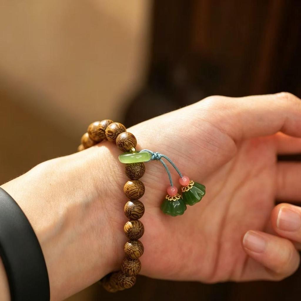 Exquisite Sandalwood & Jade Lotus Pod Bracelet with Amber Buddhist Beads - Ethnic Women's Jewelry.