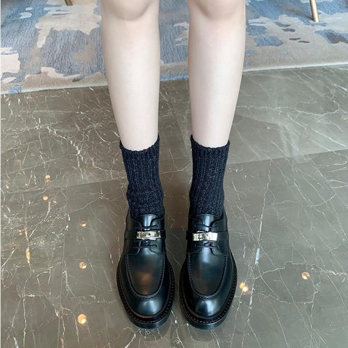 Sheepskin version~ leather lock black retro round head loafers women's thick heel British style small leather shoes Oxford single shoes