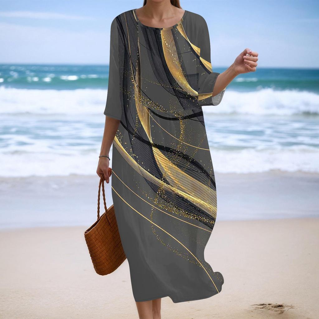 Damen Modisches Bedrucktes Rundhals Siebenviertelärmel Lockeres Kleid