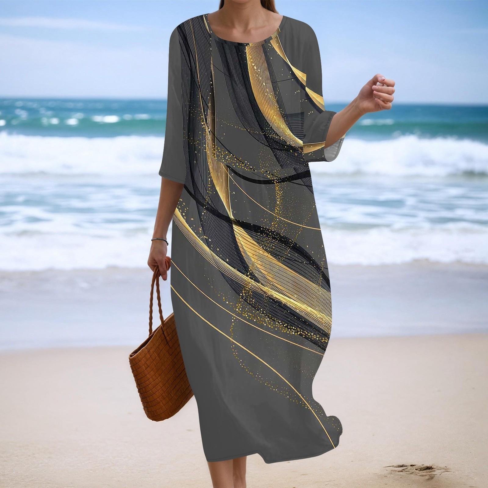 

Женское модное платье свободного кроя с принтом, круглым вырезом и рукавом три четверти L