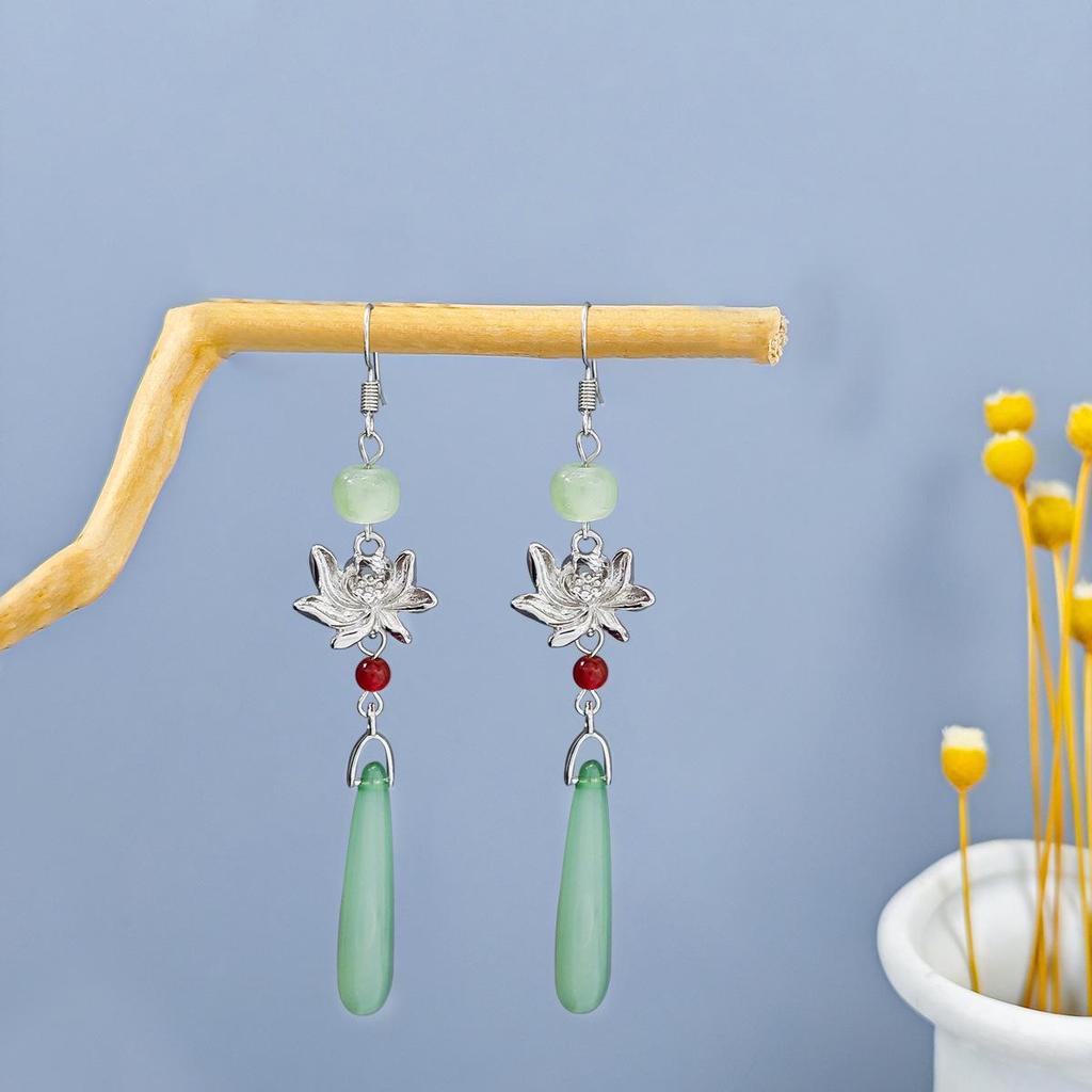 Ancient Chinese Style Beaded Tassel Earrings with Flower Fan and Bowknot