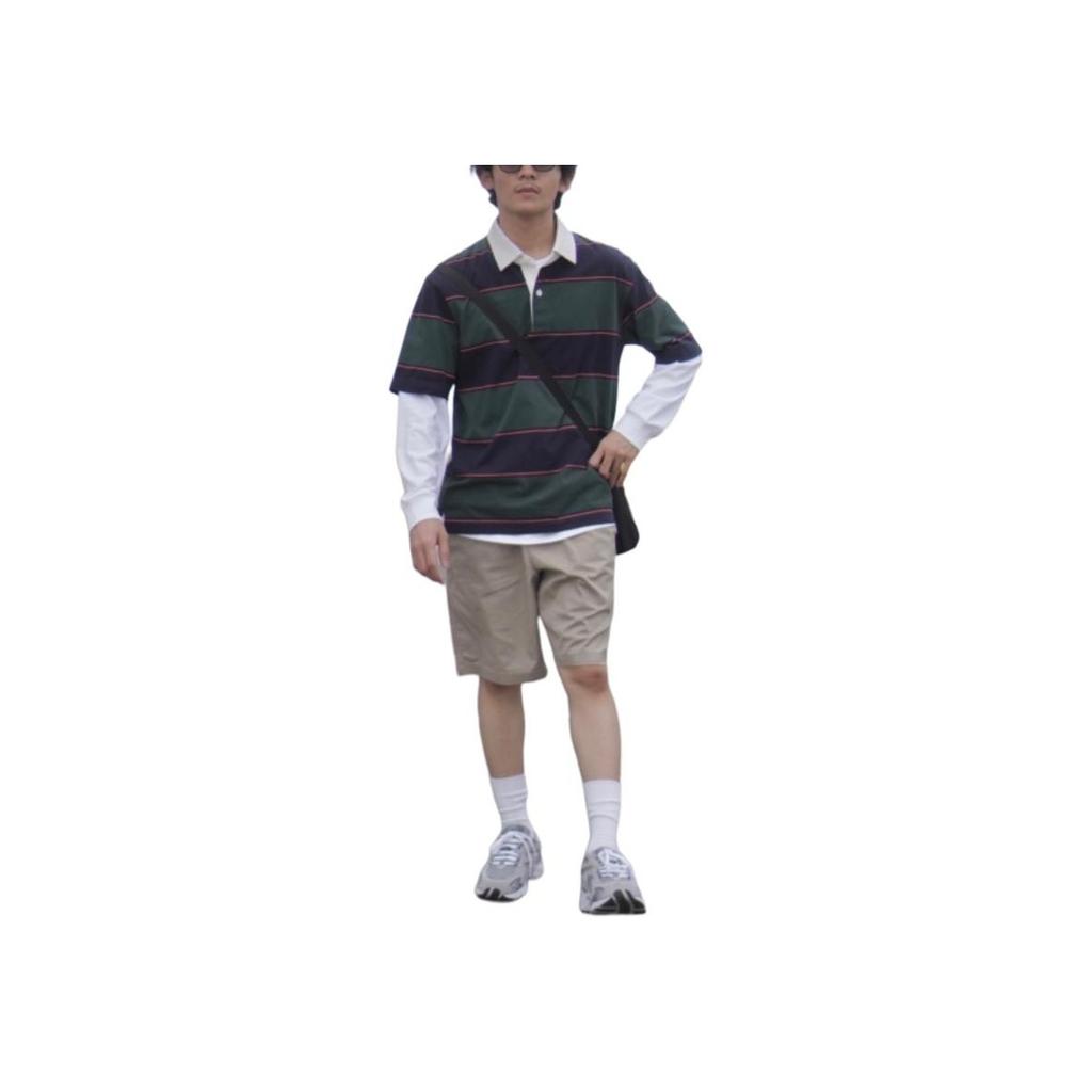 Uniqlo Striped Loose Casual Short Sleeve Polo Shirt Unisex Tops Dark-Green 448767-58