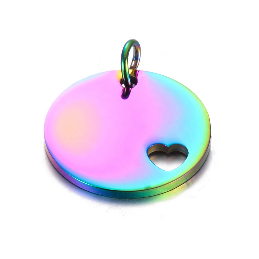 5Pcs Wholesale 5 Colors Round Tag with Hollow Heart Charm Pendant Stainless Steel Jewelry High Polished Size 25mm
