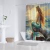 Rideau de douche Sirène aux Cheveux Dorés: Queue Turquoise, Coucher de Soleil Océanique, Polyester, 12 Crochets, Lavable en Machine, Art Fantastique.