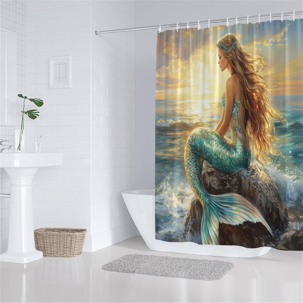 Rideau de douche Sirène aux Cheveux Dorés: Queue Turquoise, Coucher de Soleil Océanique, Polyester, 12 Crochets, Lavable en Machine, Art Fantastique.