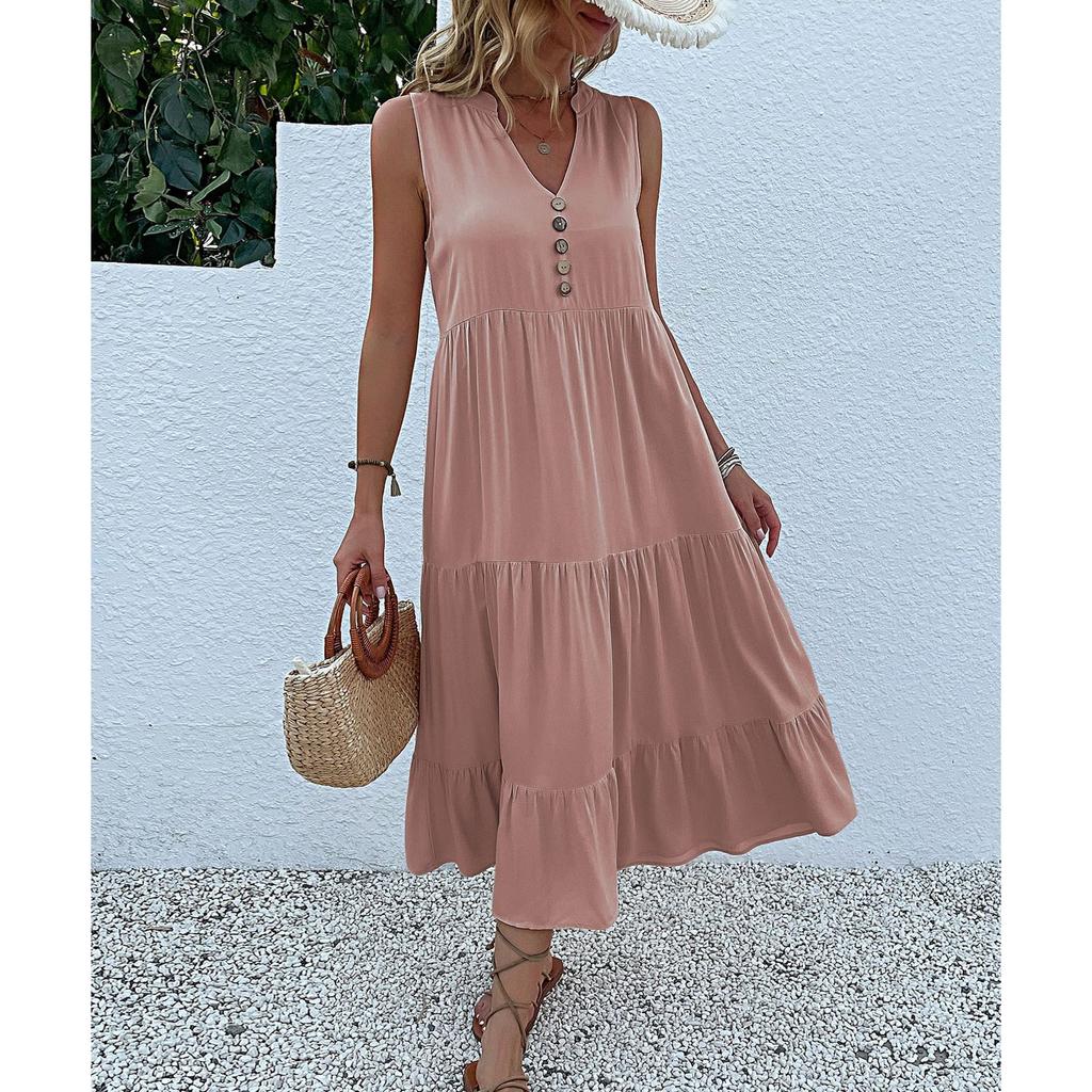 QICED Summer Sleeveless Pleated Skirt Loose V-neck Long Dress