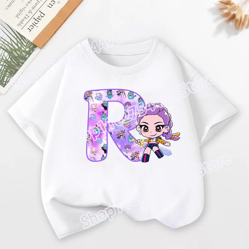 KPop Demon Hunters Child Short Sleeve T-shirt Cartoon Rumi Mira Zoey A-Z Print Cotton Tops Kawaii Summer Casual Tees Kids Gifts