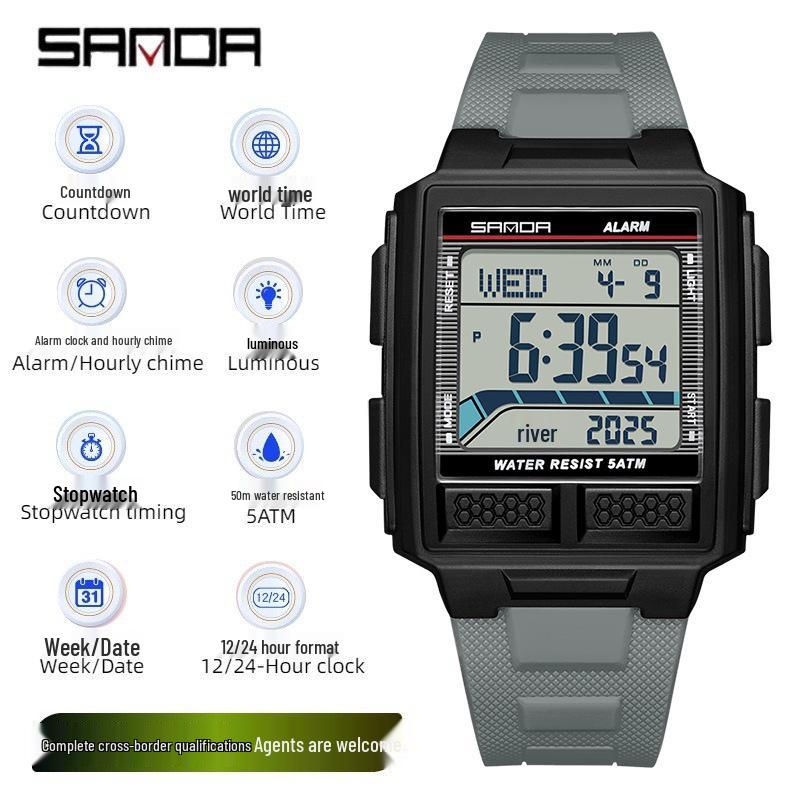 Sanda Student Waterproof Multifunctional Luminous Sports Watch with Large Square Screen