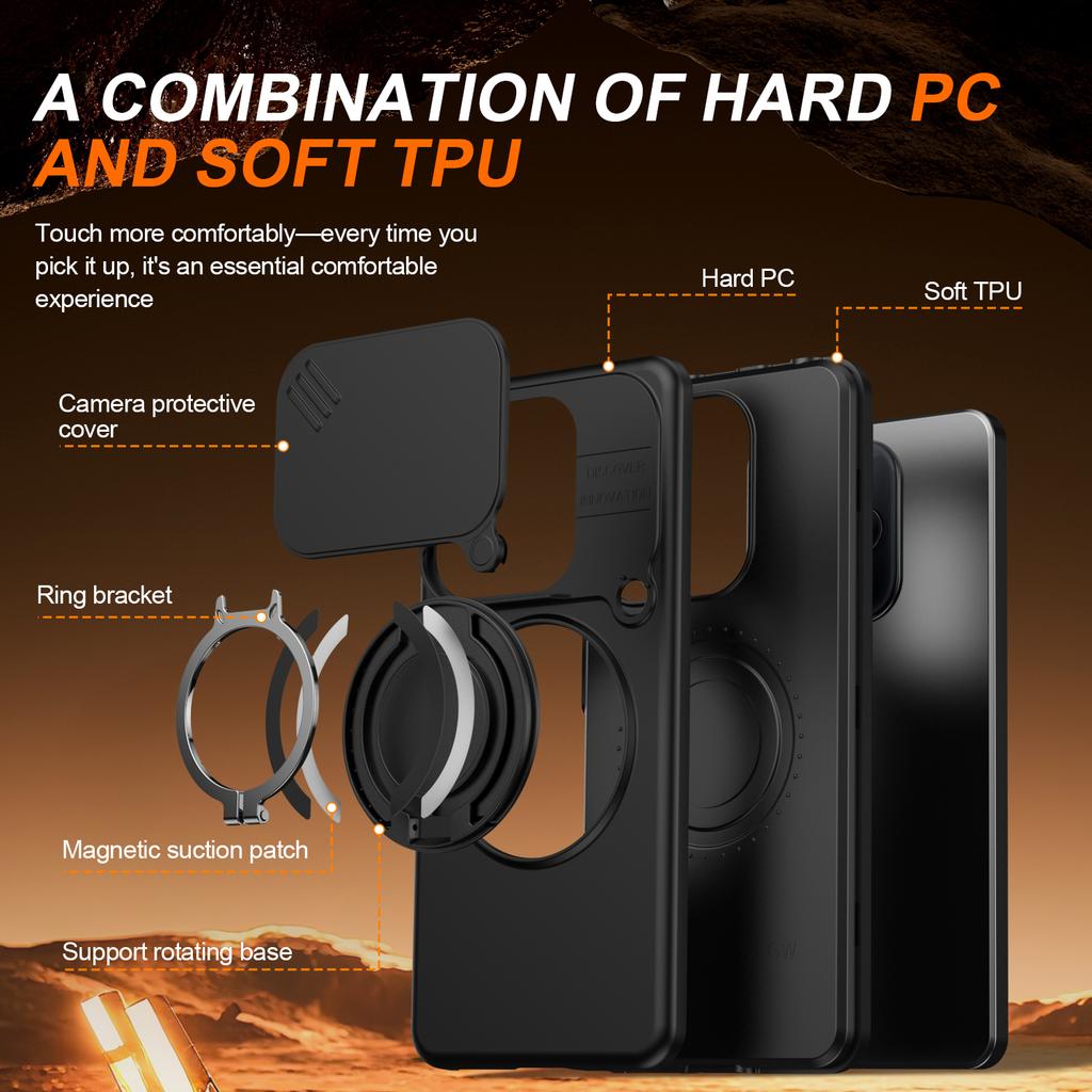 Sliding Camera Lens Protection Armor Case For Redmi Note 14 4G 5G Metal Ring Stand TPU Frame Hard Plastic Phone Cover Fundas