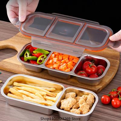 Reusable Seasoning Box with Lid, Stainless Steel Snack Container, 3 Compartment Sauce Cups, Partitioned Food Storage Container