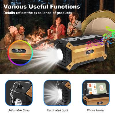 Haut-parleur Bluetooth Solaire avec Lampe de Poche, Haut-parleur Portable Rechargeable d'Extérieur avec Support pour Téléphone Sangle d'Épaule pour Fête Randonnée Pique-nique Famille