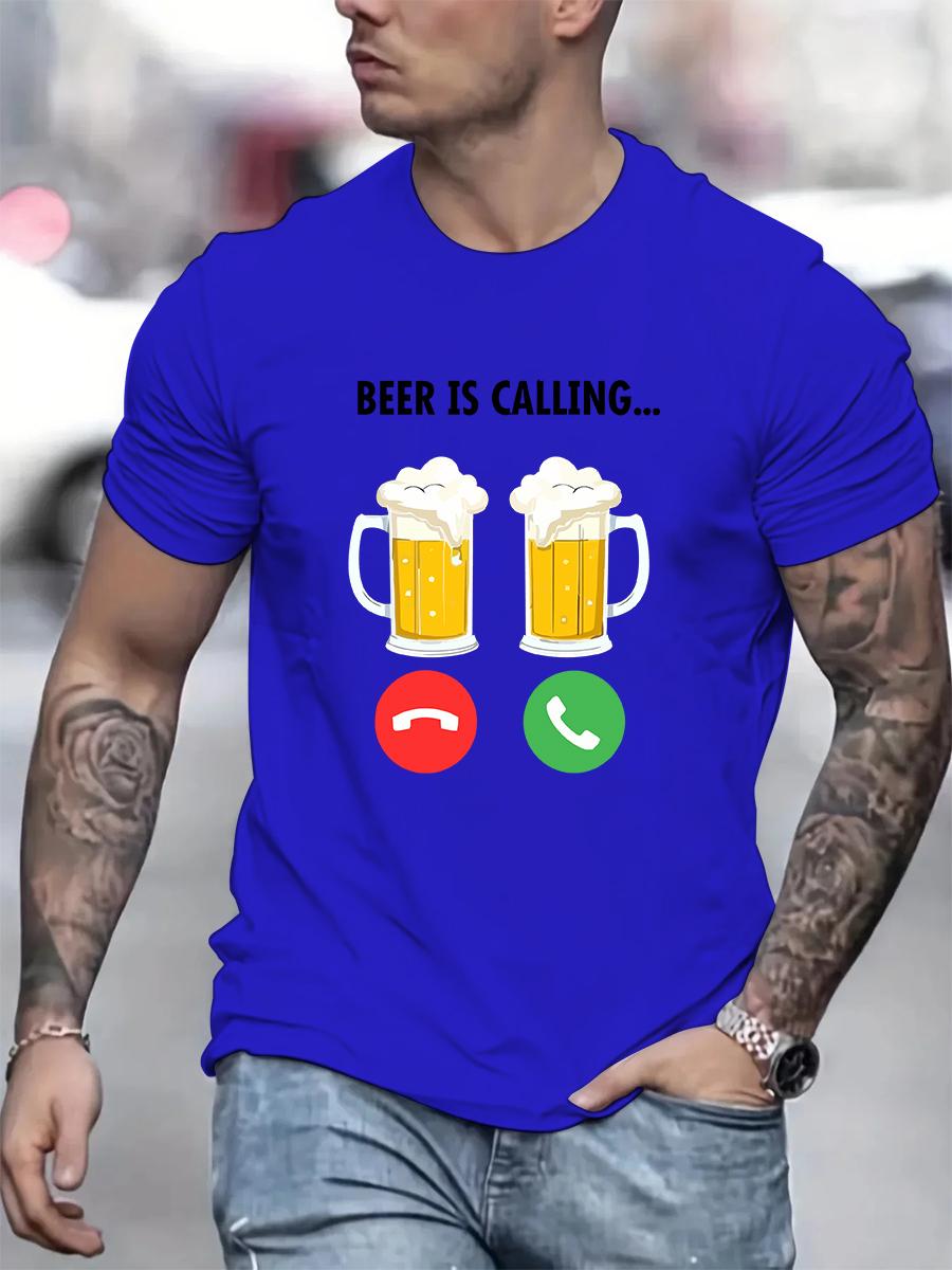 

Men s 100% cotton summer loose size Fashi Beer is Calling print slim fit casual sports round neck short sleeved T-shirt top S