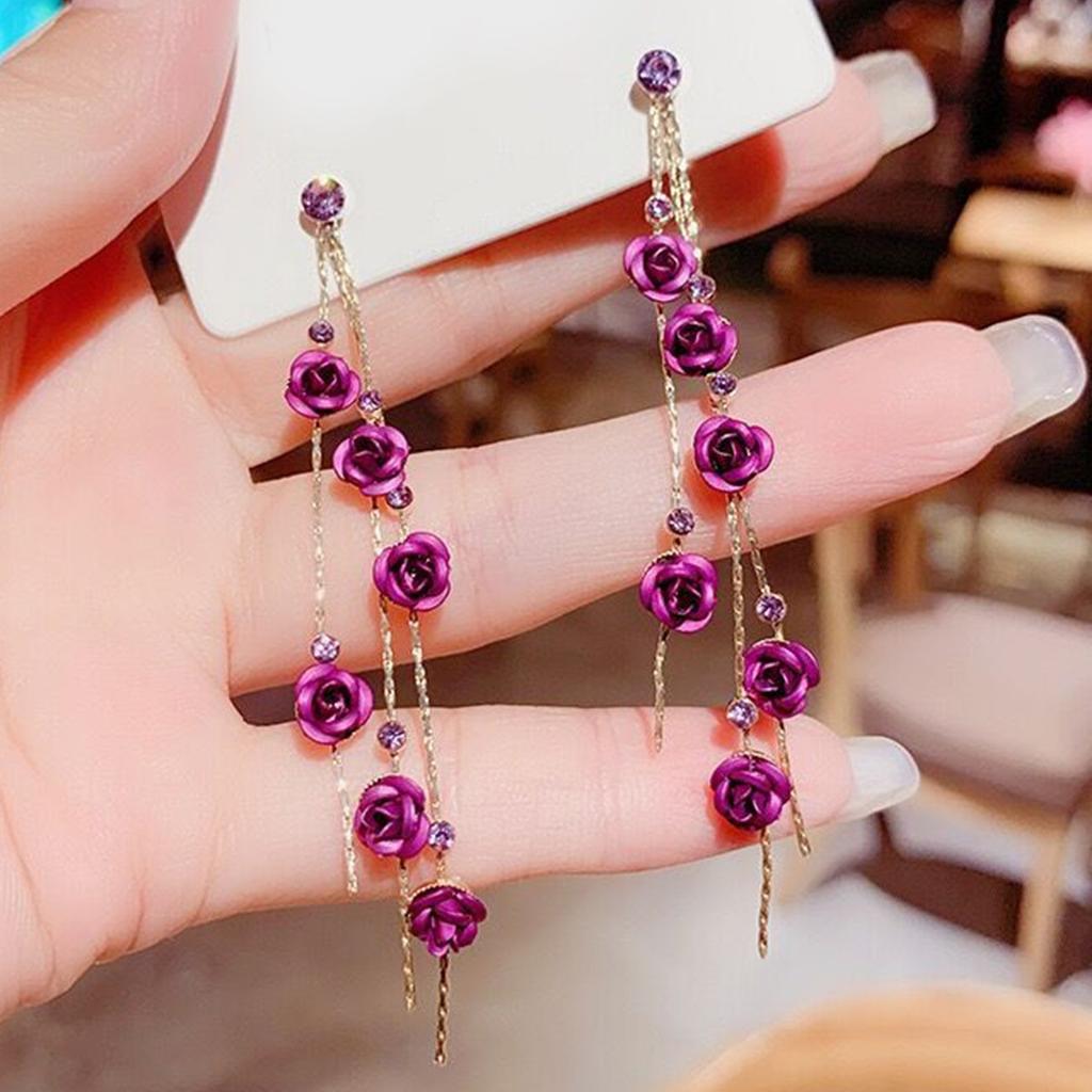 2pcs Retro Style Long Style Diamond Inlaid Rose Earrings For Women's Daily Dating Accessories