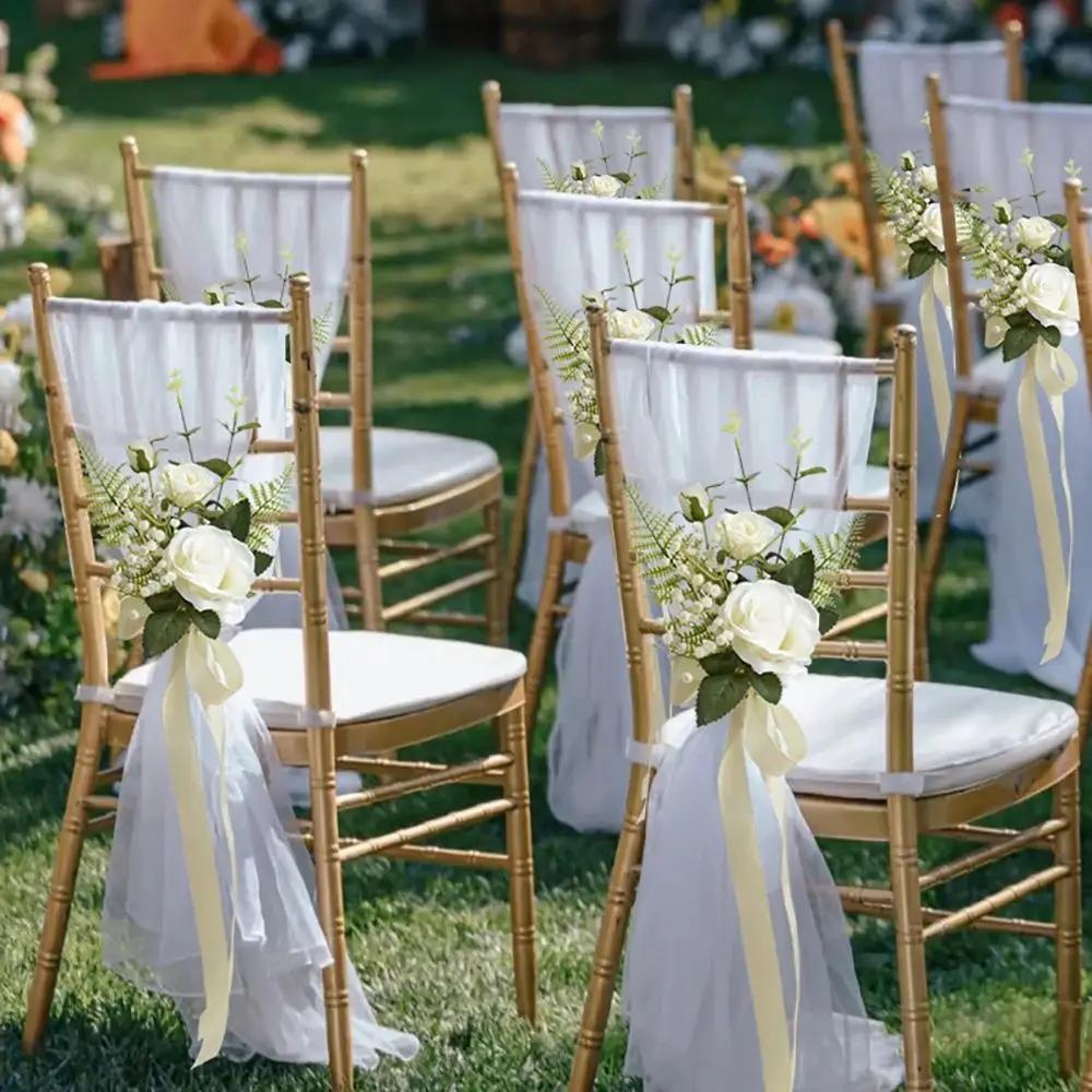 10PCS/set Chair Veil,Outdoor Church Wedding Chair Back Decor,Pearl Chiffon Hall Decoration,Birthday Wedding Party Supplie