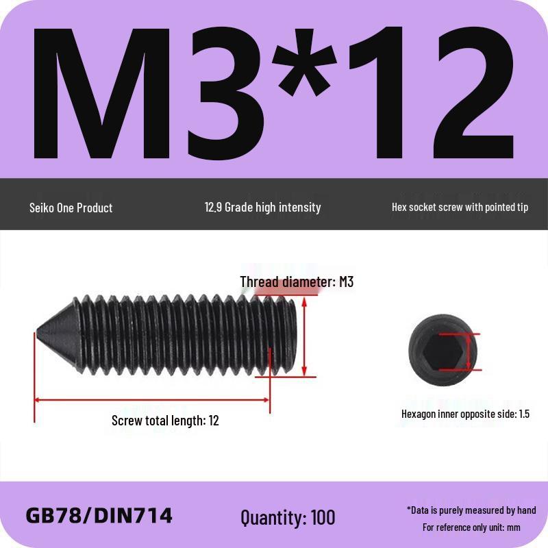 12.9 Grade Pointed Set Screw Grub Set: Headless Screws M3 M4 M5 M6 M8 M10