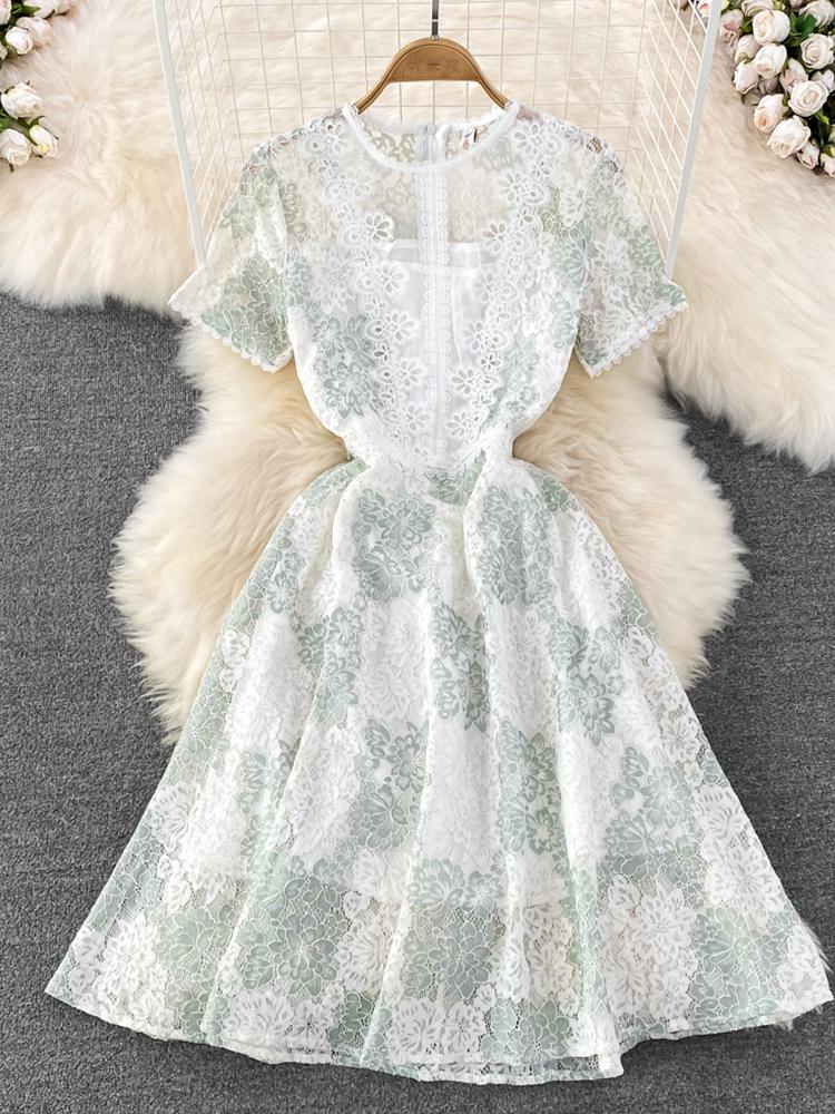 

Летнее новое модное повседневное тонкое платье трапециевидной формы с высокой талией и круглым вырезом, ажурное платье, элегантное кружевное платье с короткими рукавами и принтом