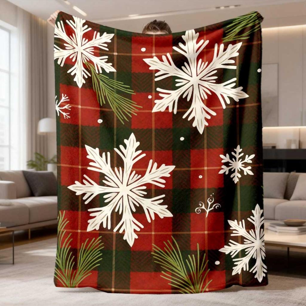 2026 Latest Flannel Blanket | UltraSoft Plush, Red & Green Tartan Plaid with White Snowflake Pattern, All-Season Cozy Winter Throw, Polyester, Digital
