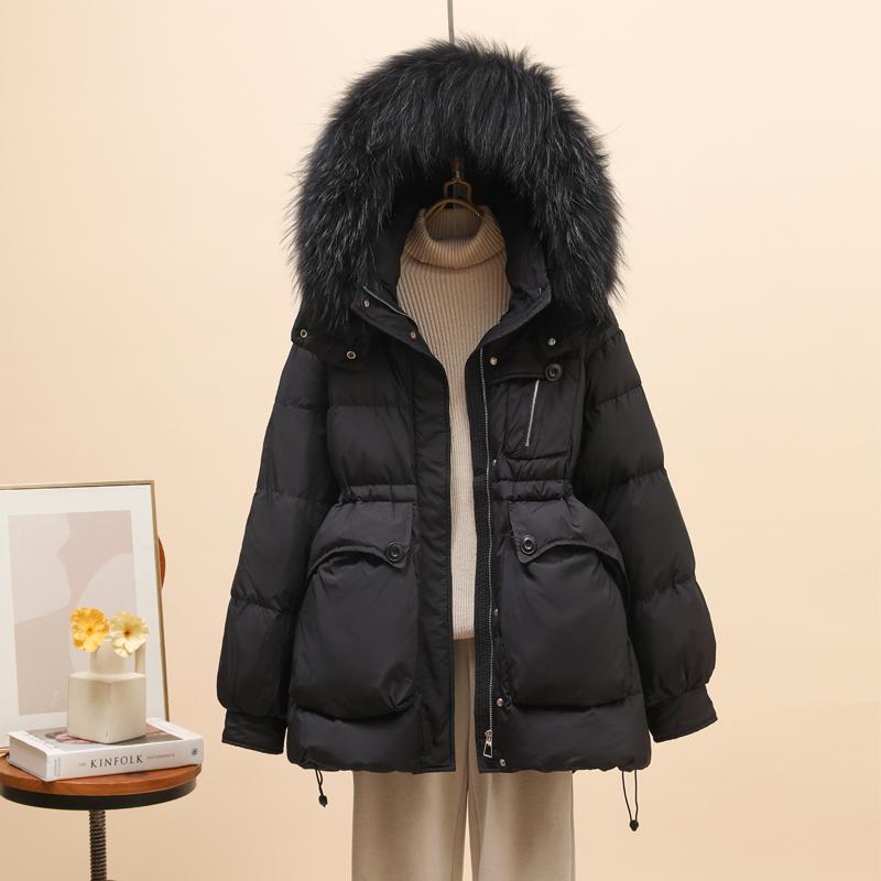 Winter New Down Jacket Women's Short Real Raccoon Big Fur Collar Waist and Thin Fashionable White Duck Down Jacket