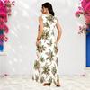 Women Plus Size Notch Neck Sleeveless Floral Printed A Line White Maxi Dress