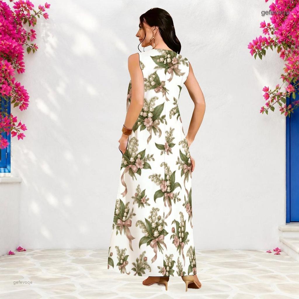 Women Plus Size Notch Neck Sleeveless Floral Printed A Line White Maxi Dress