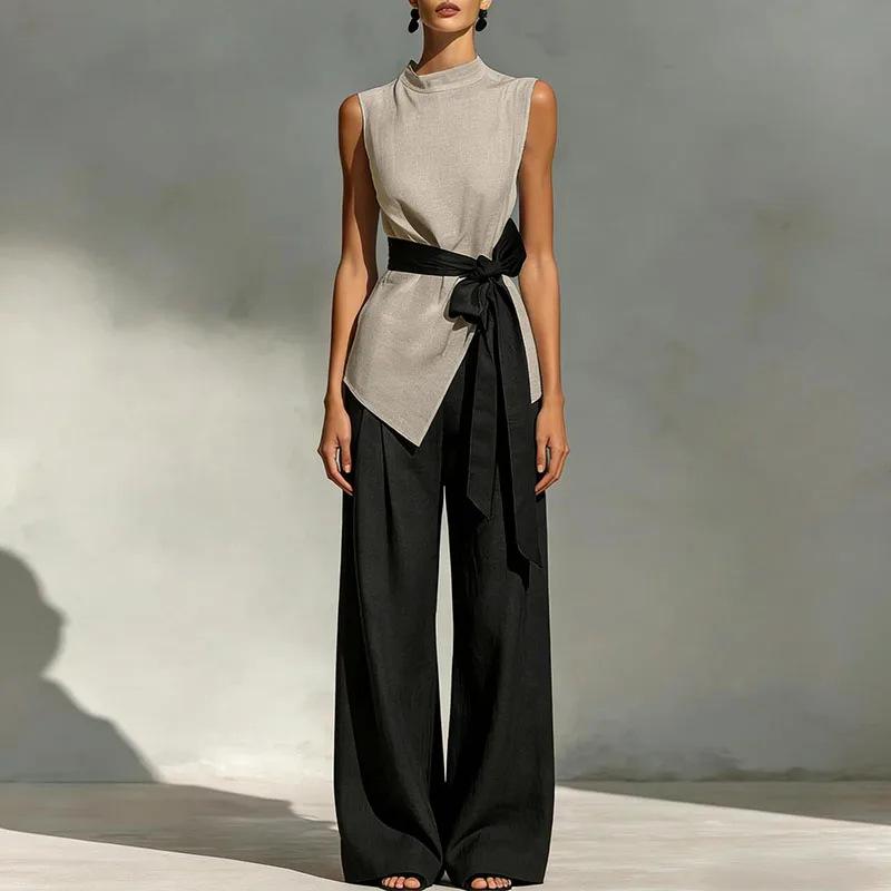 2026 New Lace-Up Sleeveless Tencel Linen Top and Wide-Leg Pants Two-Piece Women's Set
