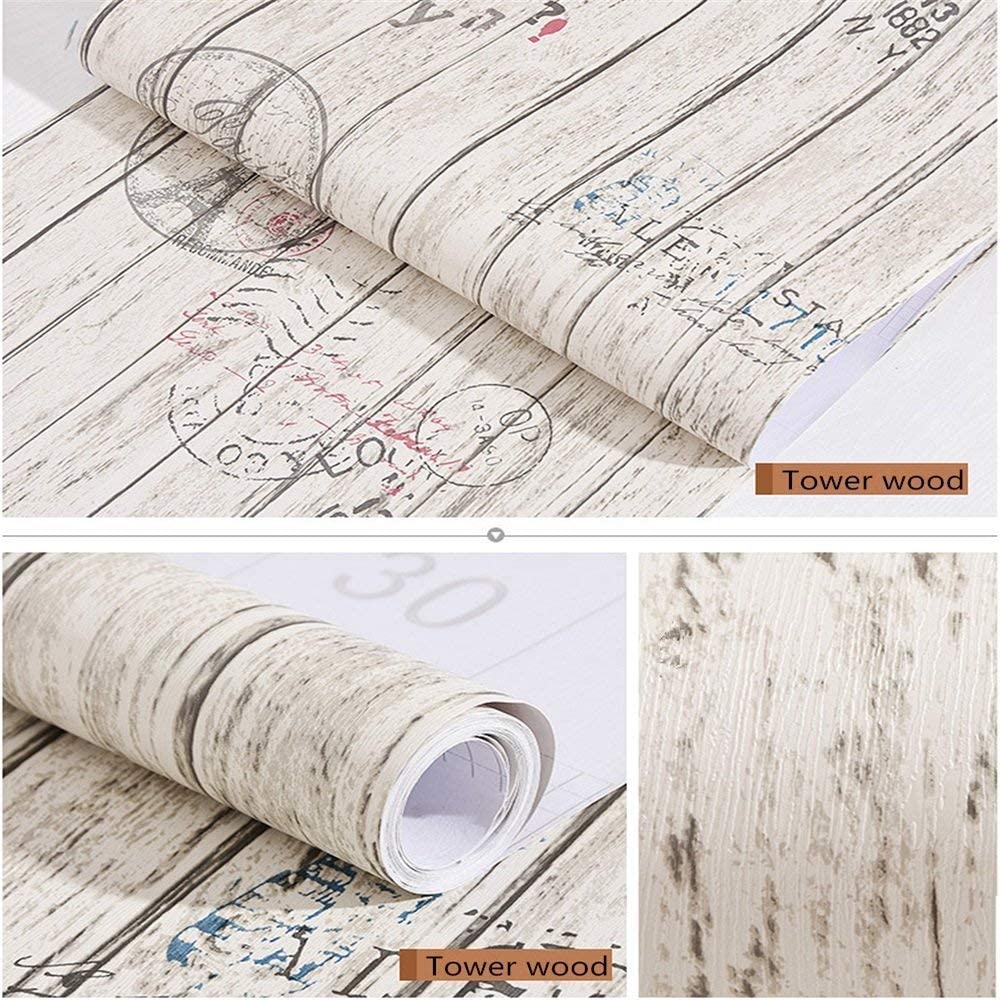 HaoHome Tower Wood Grain Vintage Peel and Stick Wallpaper Wall Paper Decorative Wood Self Adhesive WalCoverings Shelf Liner Roll