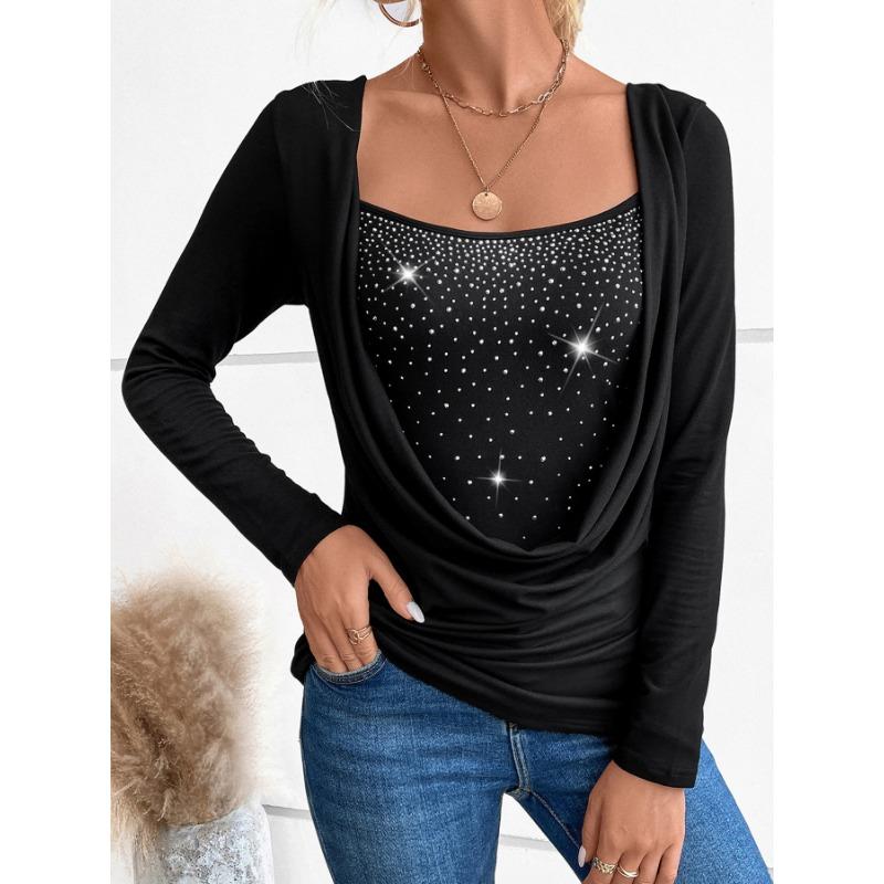 Women's 2025 New Ladies Casual Pullover Diamond Long Sleeve Fake Two-piece Top