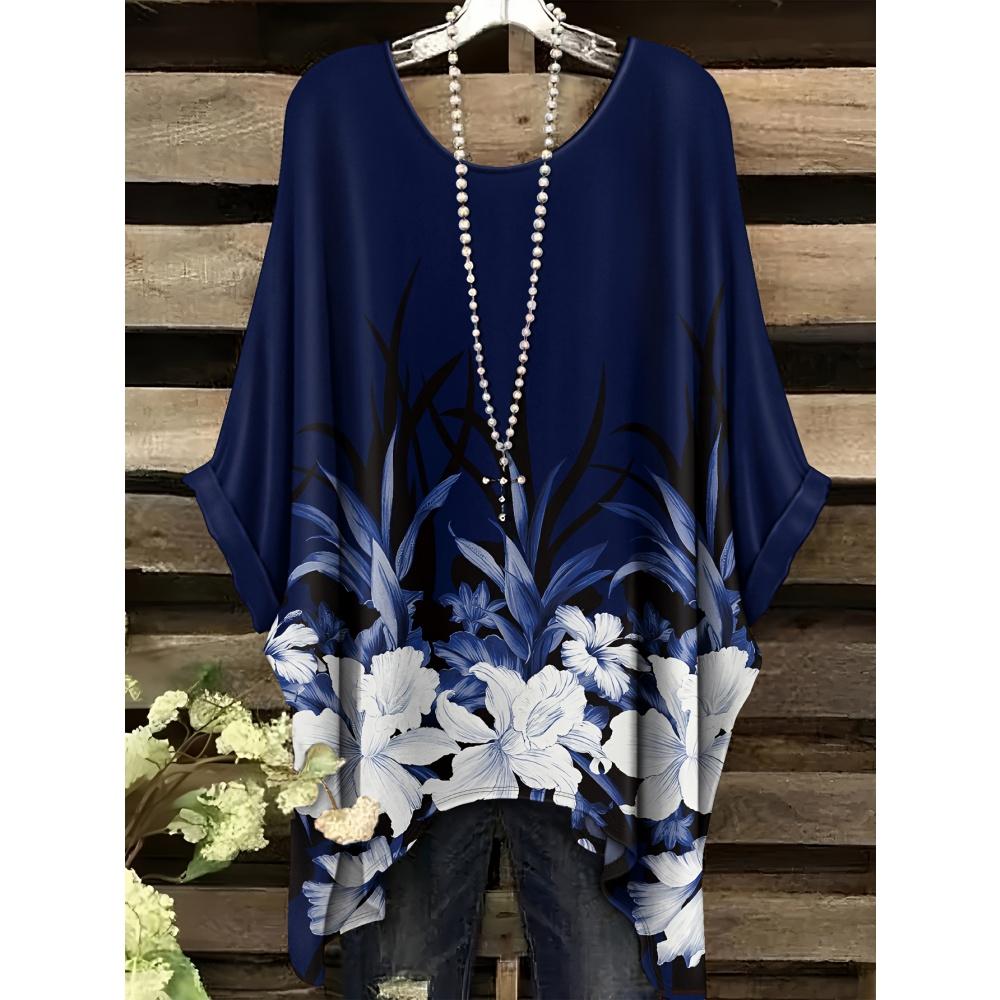 Bohemian Top for Women Elegant Colour Floral Graphics Design Round Neck Irregular Hem Women Casual Fashion Women Vacation Tops