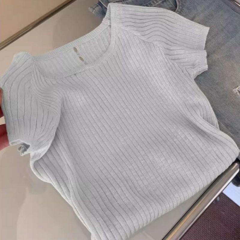 

Mint Green Knit Square-Neck Short Sleeve Women s T-Shirt - 2025 Summer Style Small