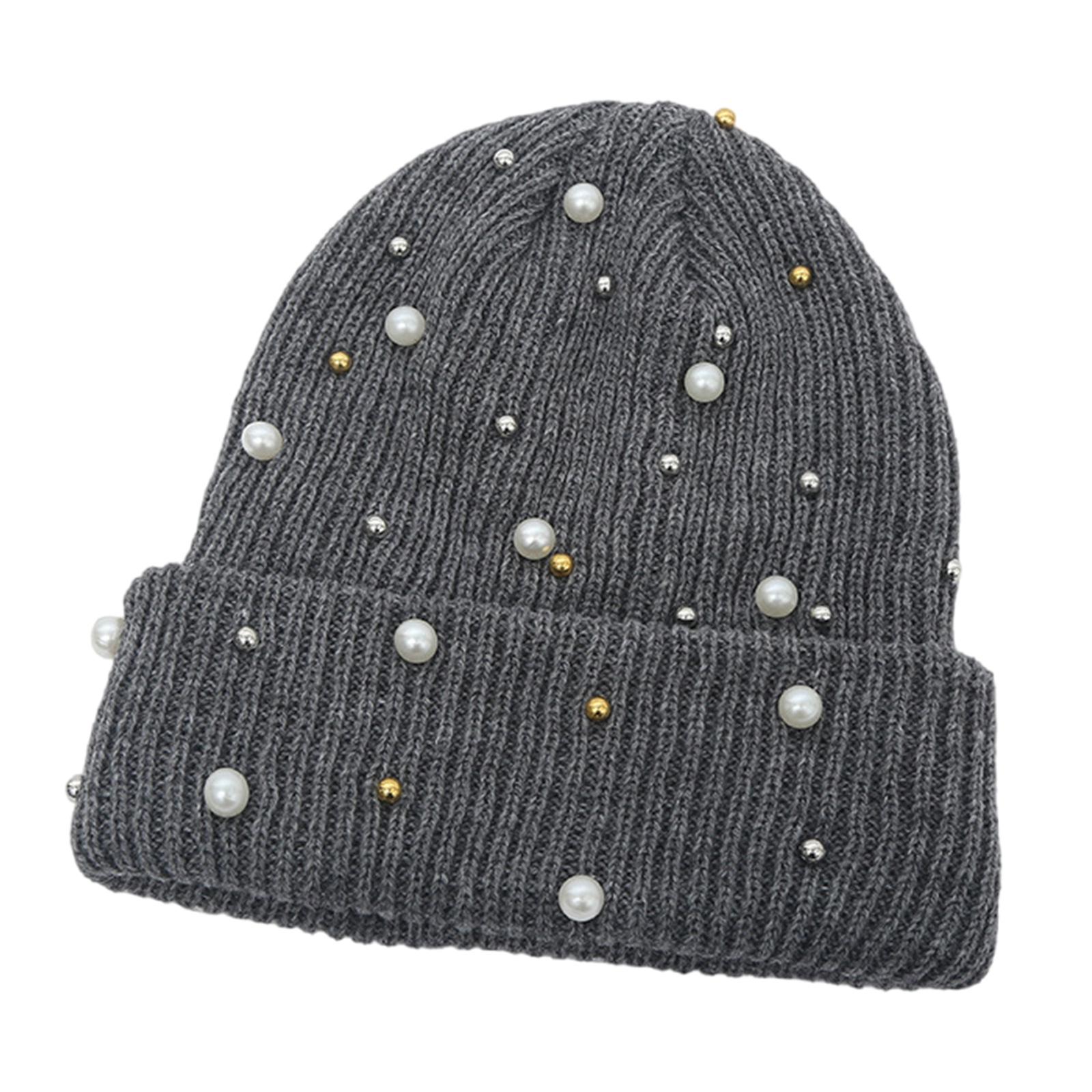 

Мягкая вязаная шапка, украшенная жемчугом, теплая унисекс зимняя шапка, головной убор для улицы для активного отдыха и неформальных встреч серый