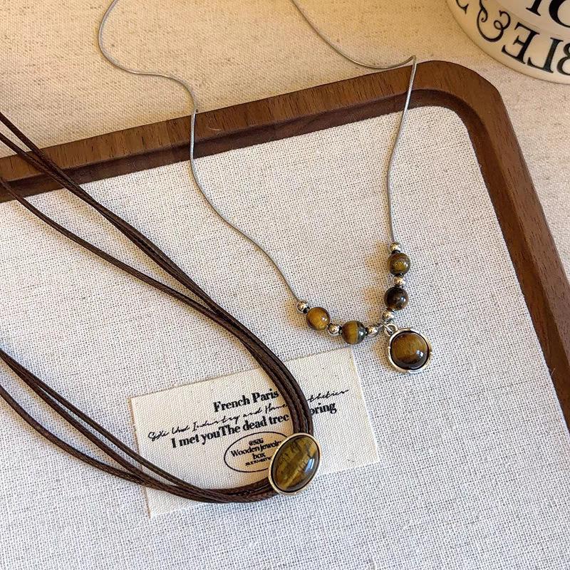 Maillard Leather Anti-tiger's Eye Stone Necklace Women's Chinese Stacked Choker Neck Chain Versatile Temperament Collarbone Chain