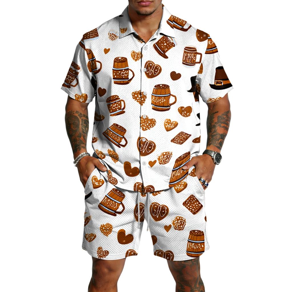 Men's Casual Short Sleeve Shirt and Shorts Set Beer Festival Print Lightweight Breathable Summer Outfit for Outdoor Activities
