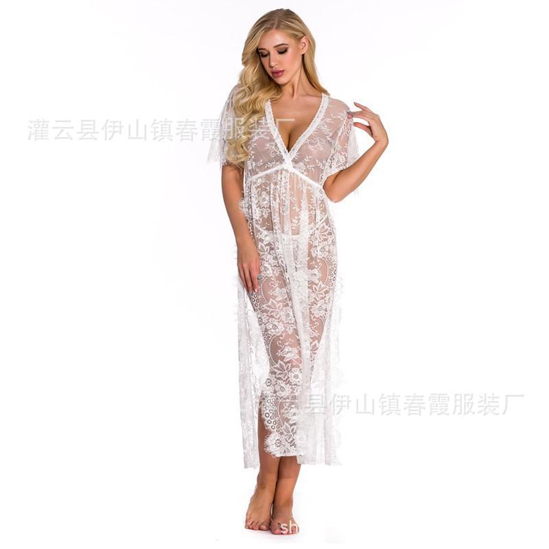 Summer Women's Erotic Underwear Sexy Lace Mesh Perspective Deep V Long Dress Erotic Nightgown Set