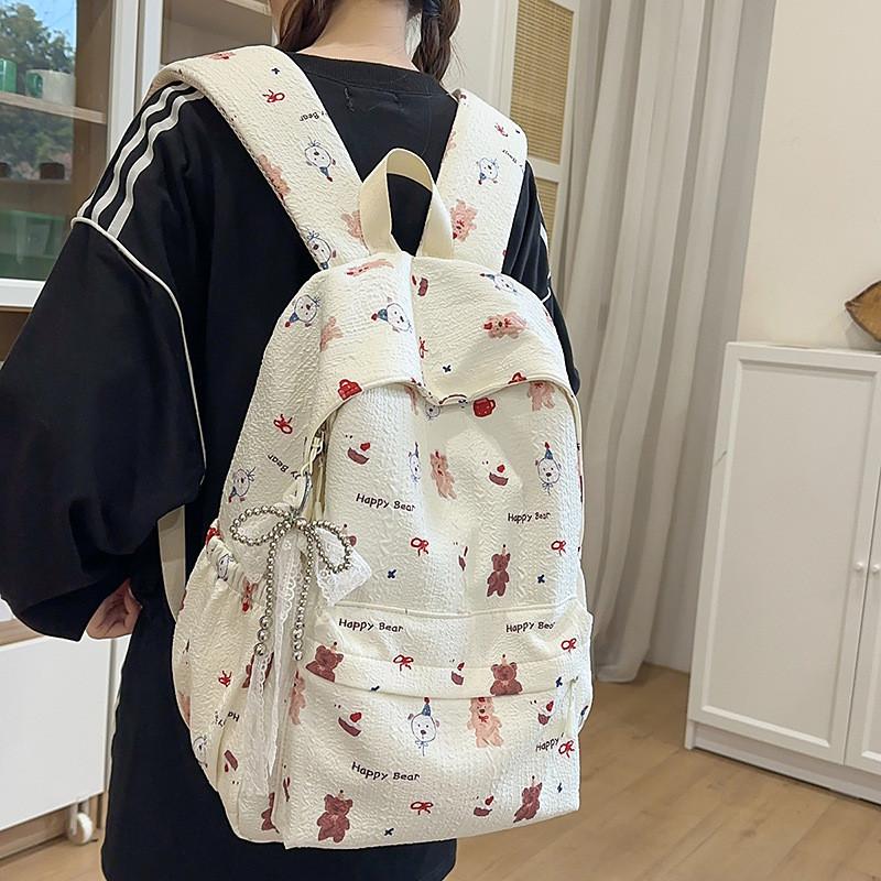 Little Bear Floral Print Youthful Nylon Student Backpack With Breathable Design For Daily Use