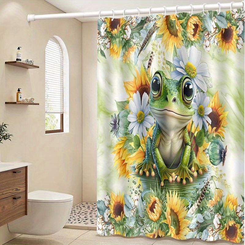 Cute Frog Shower Curtain Sunflower And Daisy Art Garden Decor Nature Theme Waterproof Fabric Bath Curtain Set Home