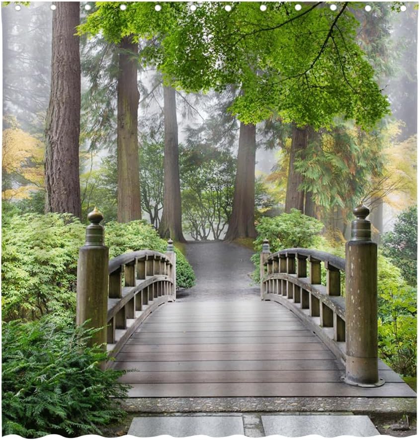 Landscapes Shower Curtains Wooden Bridge Forest Outdoor Natural Scenery Tree Leaves Plant Spring View Bathroom Decor Polyester