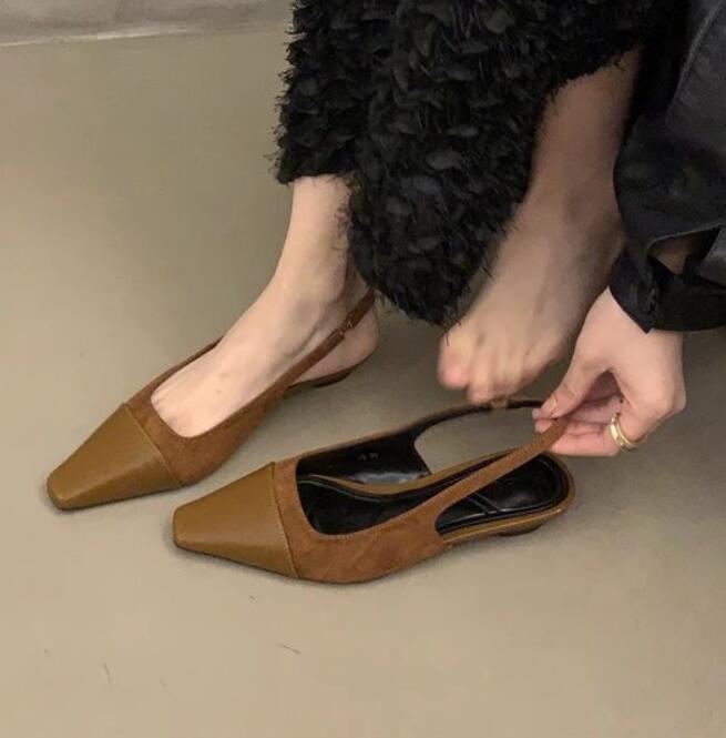 Fashion Low Heel Baotou Sandals Women's French Nude Color Pointed Small Fragrant Style Ladies Thick Heels Back Air Style Single Shoes