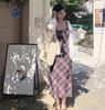 Elegante Abito Canotta Bodycon a Quadri Francesi Retrò da Donna - Stile Lungo Autunnale che Segna la Vita