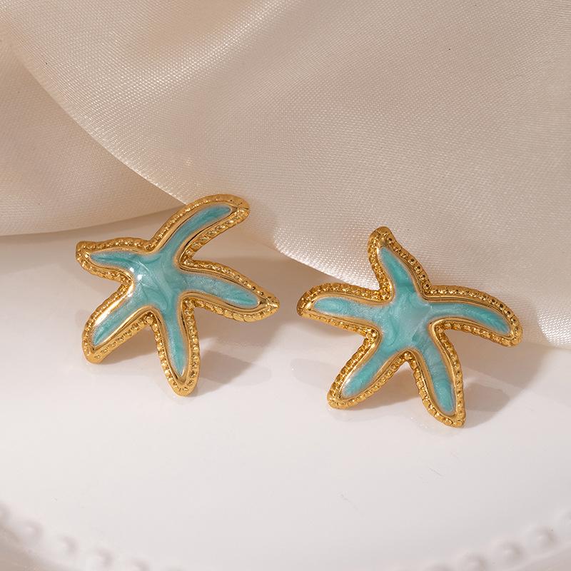 Colorful Drip Oil Starfish Mother-of-Pearl Pearl Stainless Steel Stud Earrings - Women's Non-Fading Light Luxury