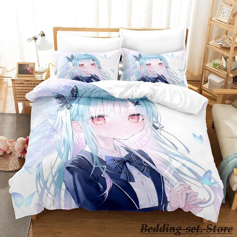 Vtuber Hololive Uruha Rushia Bettwäsche-Set, Cartoon-Anime, dreiteiliges Set, für Erwachsene und Kinder, Schlafzimmer, Bettbezug-Sets, 3D, Kawaii, süße Mädchen