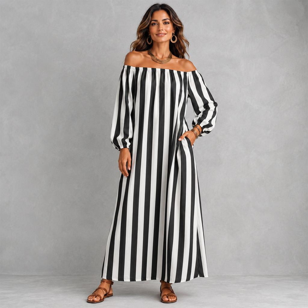 Women's Striped Off-Shoulder Dress for Vacation and Holiday Beach Wear