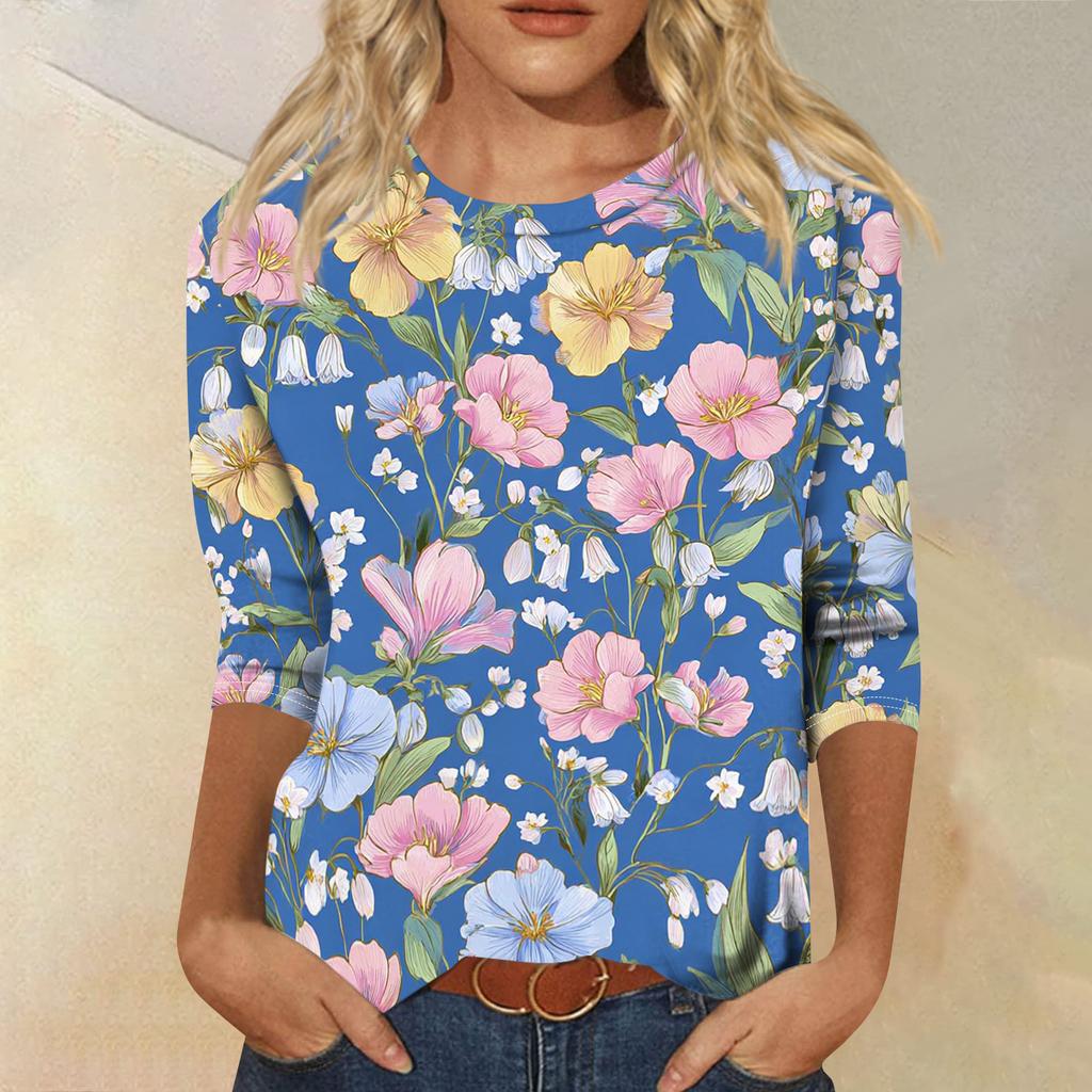 Women's Fashionable Casual Round Neck Three-Quarter Sleeve Printed T-Shirt Top