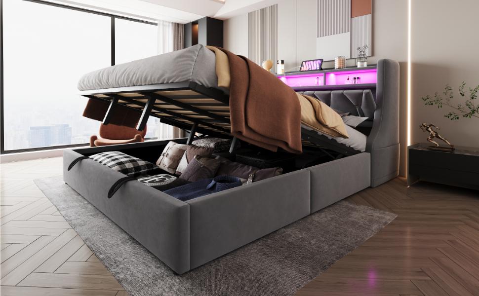 Upholstered Bed 180 X 200 Cm, Hydraulic Storage, Foldable Headboard, Socket, Shelf Compartment, LED Lighting, Widened Bed Legs, Velvet Fabric Gray